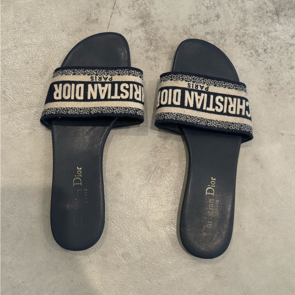 Dior Dway Slide Sandal Deep Blue Embroidered Cotton Logo open toe size 39 - Picture 6 of 13